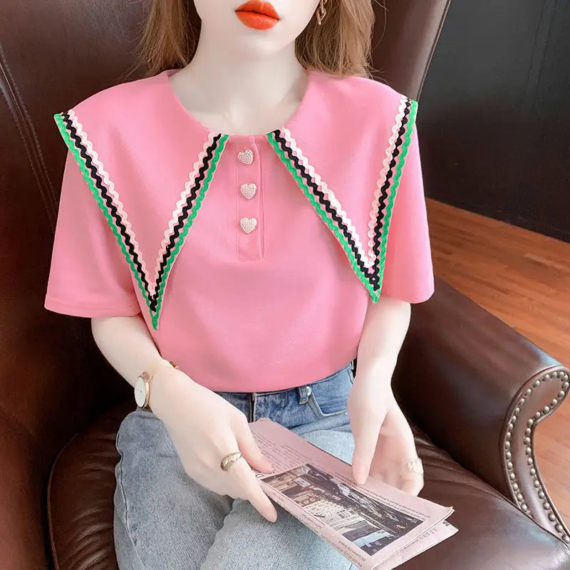 Loose Short Sleeve Pullovers Solid Color Summer O-neck