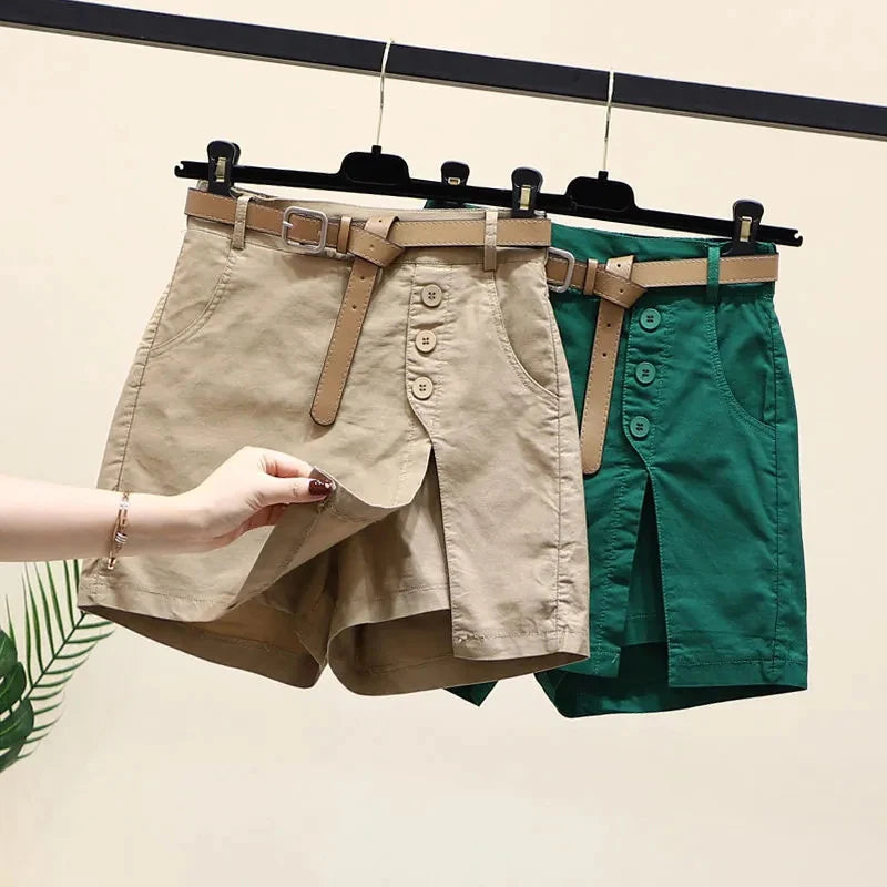 Chic Shorts Women Belt Solid Buttons Side Slit A-line Streetwear Fashion Skirts Chic Summer Loose Pants