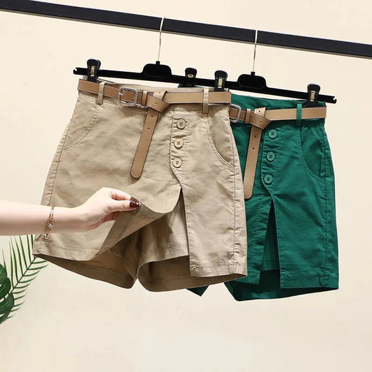 Chic Shorts Women Belt Solid Buttons Side Slit A-line Streetwear Fashion Skirts Chic Summer Loose Pants