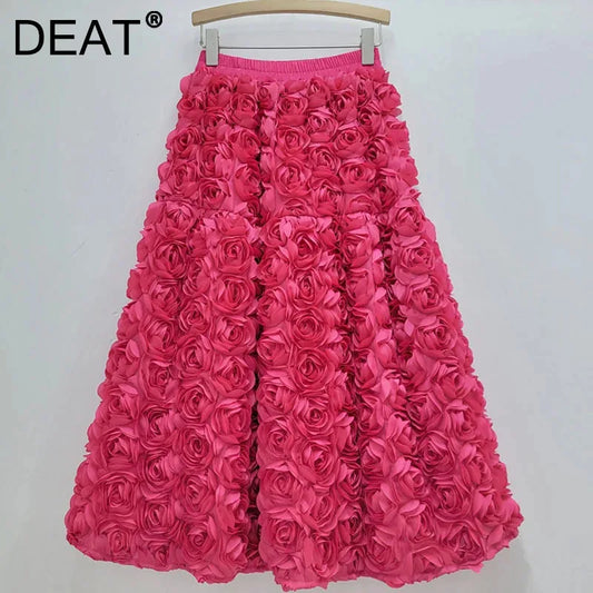 Three Dimensional Flower Mid-calf  High Waist Big Swing  A-line Skirt