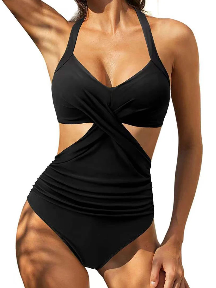 Solid Printed Swimwear Women Halter One Piece Swimsuit Female Swimming Monokini Suit Padded Beachwear
