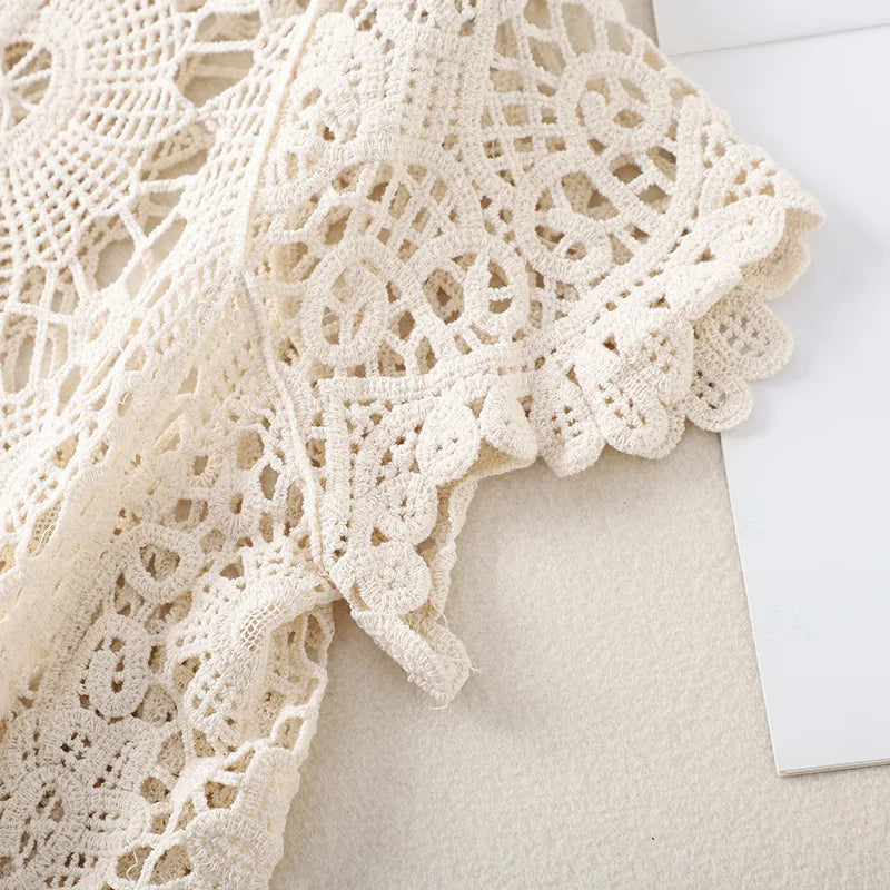 Sheer Crochet Top Short Sleeve Button Front V-Neck Open-knit Embroidery Blouse Women Summer