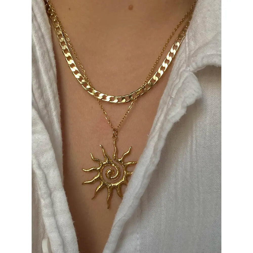Vintage Chic Sun Shaped Pendant Stainless Steel Necklace Statement Golden Fashion Jewelry
