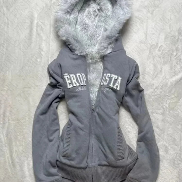 Sweater Fashion Oversized Knit  Vintage Streetwear Fur-lined hood
