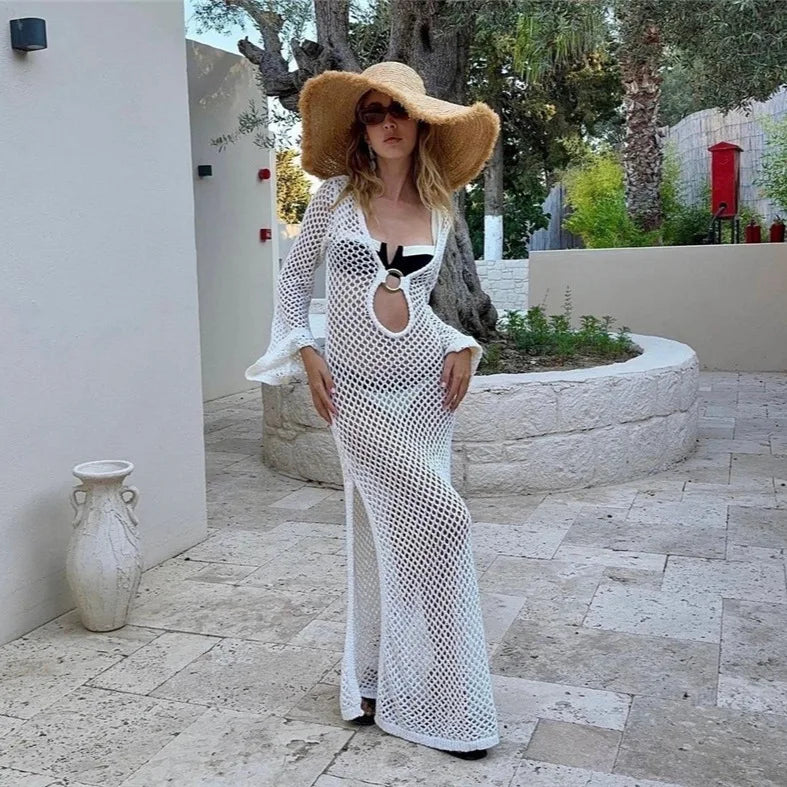 Crochet Knitted Women Cover-ups Long Style Hem Slit  Female Beach Dress