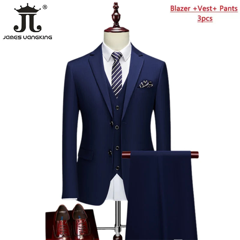 High-end Brand Classic Blue or Gray Plaid Men's Casual Business Suit Retro Official Suit Groom Wedding Dress Jacket Vest Pants