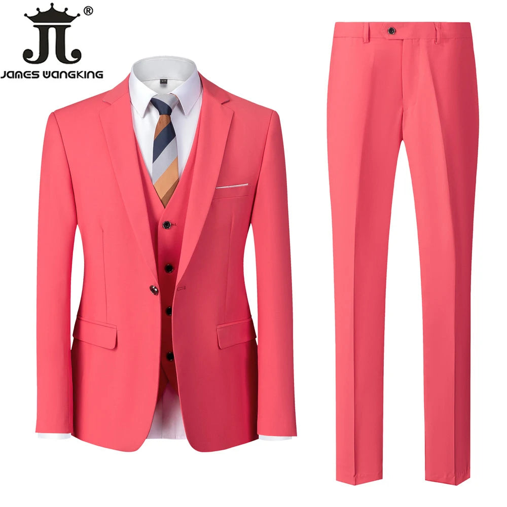 Jacket + Vest + Pants  Boutique Solid Color Men's Official Business Suit Bride's Wedding Dress Party Male Suit