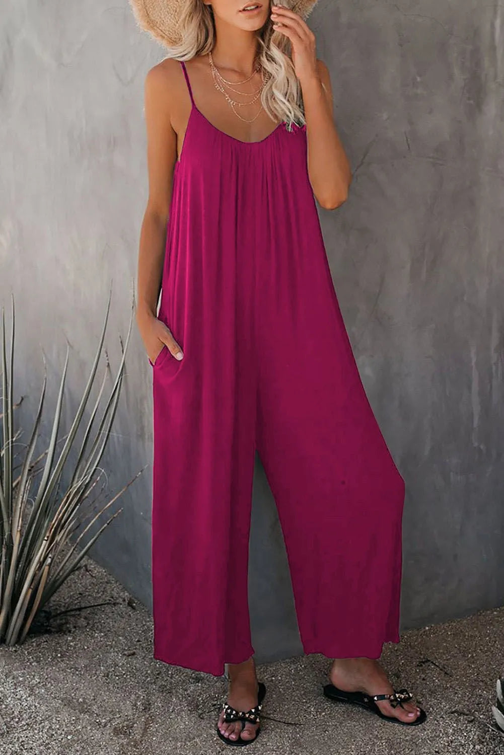 European and American Suspender  Women's Summer Foreign Trade Solid Color Pocket Casual Jumpsuit