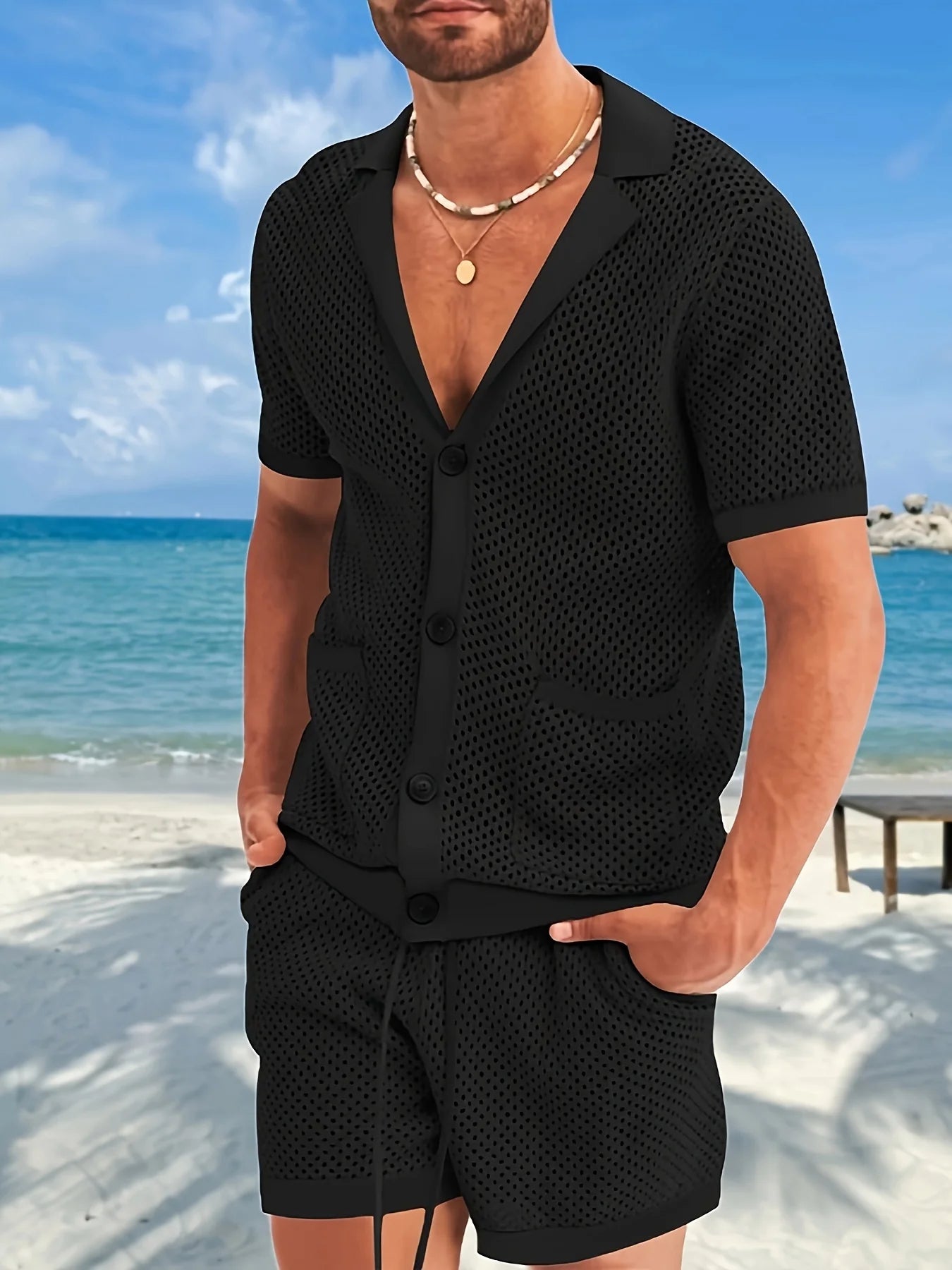 2-Piece Summer Outfit for Men - Breathable Mesh Shirt with Lapel Collar and Button Details, Matching Semi-Transparent Shorts with pockets