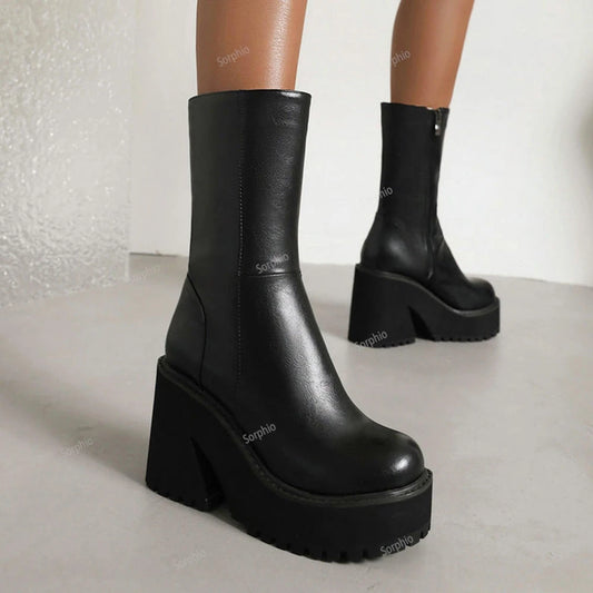 Punk Goth Platform Chunky High Heel  Ankle Boots Round Toe Side Zipper Shoes