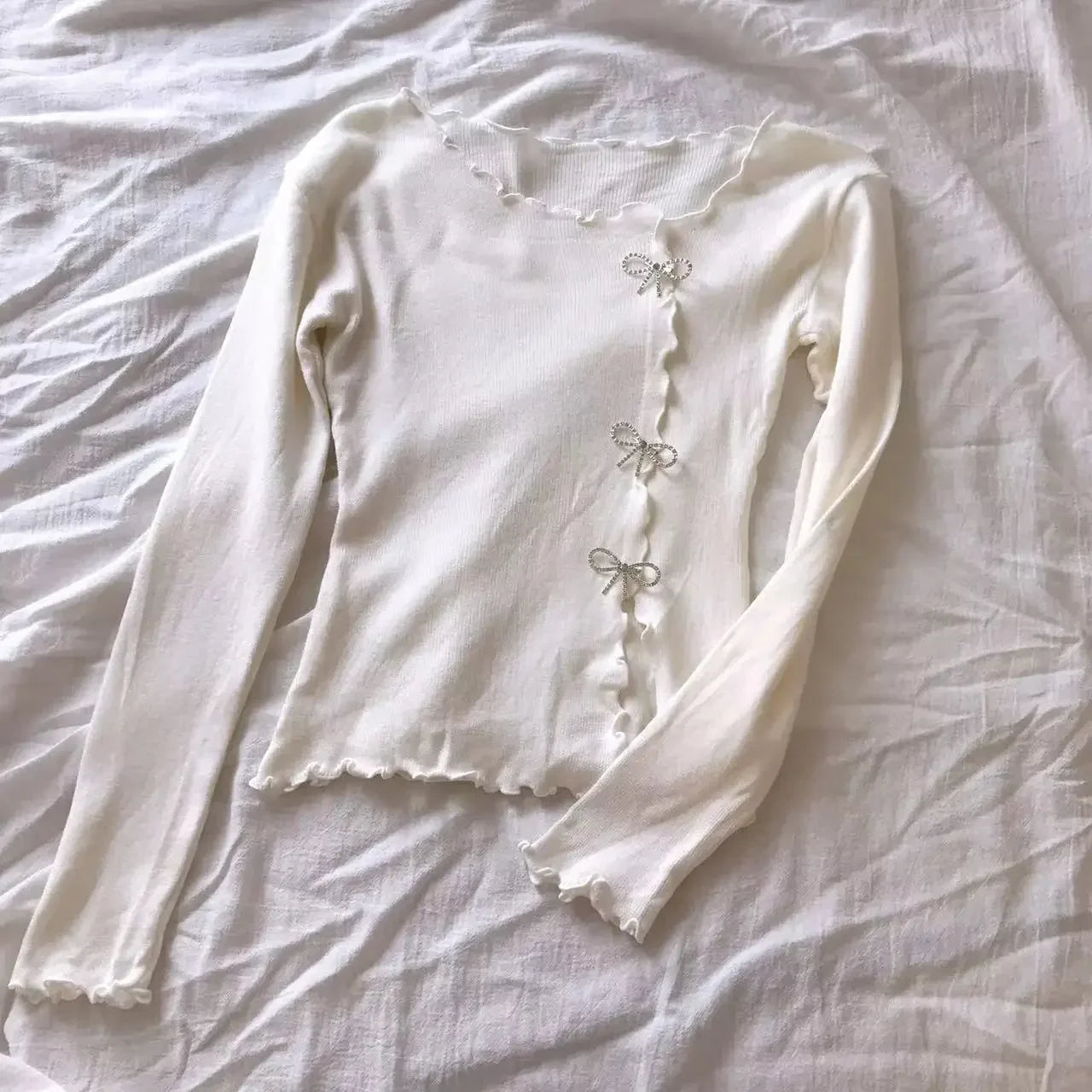 Casual Long Sleeve Sweater Solid Lettuce Trim Bowknot Pullover Sweater For Spring & Fall Women's Clothing Fashion