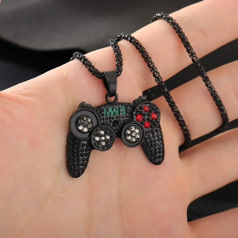 Black Gold Plated Crystal Game Controller Pendant Necklace For Men  Jewelry
