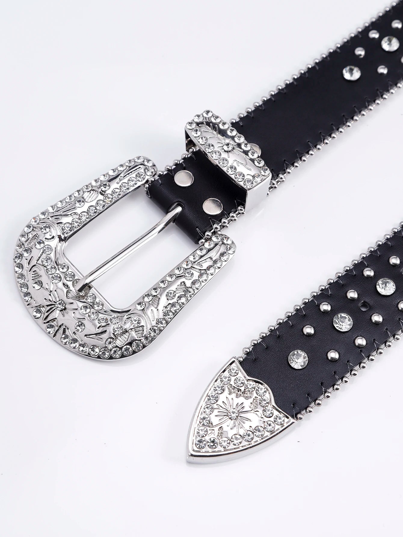 Women Fashion Dazzling Rhinestone Belt Western Cowgirl Bling Studded Design Faux Leather Diamond Belt for Jeans Dress