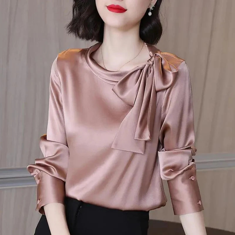Summer Autumn Office  Satin Solid  Bow Shirt Long Sleeve