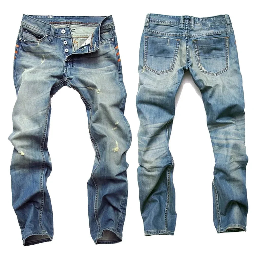 Vintage Straight-Leg Slim Fit  Jeans With Button Fly Casual Style Dark Blue Stretchy Comfortable Fit For All Seasons