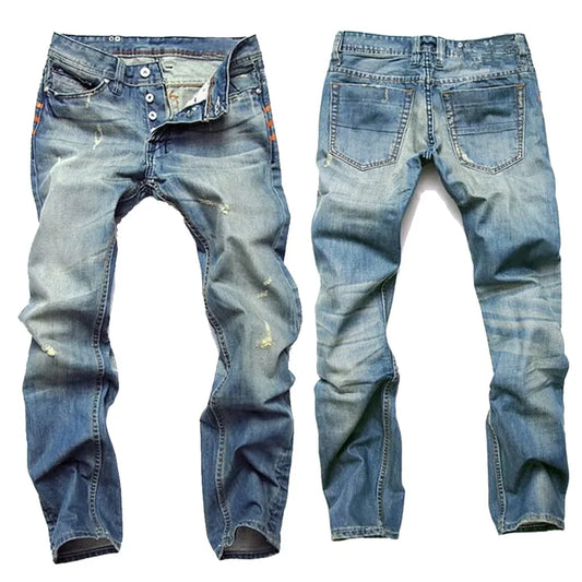 Vintage Straight-Leg Slim Fit  Jeans With Button Fly Casual Style Dark Blue Stretchy Comfortable Fit For All Seasons