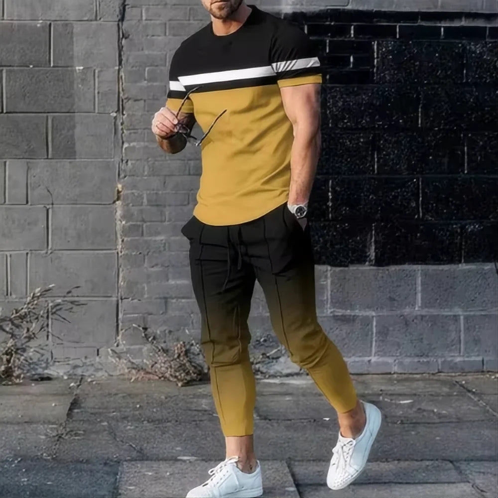 Summer fashion men's T-shirt suit sportswear 3D printed sportswear short sleeved T-shirt long pants street wear 2-piece set