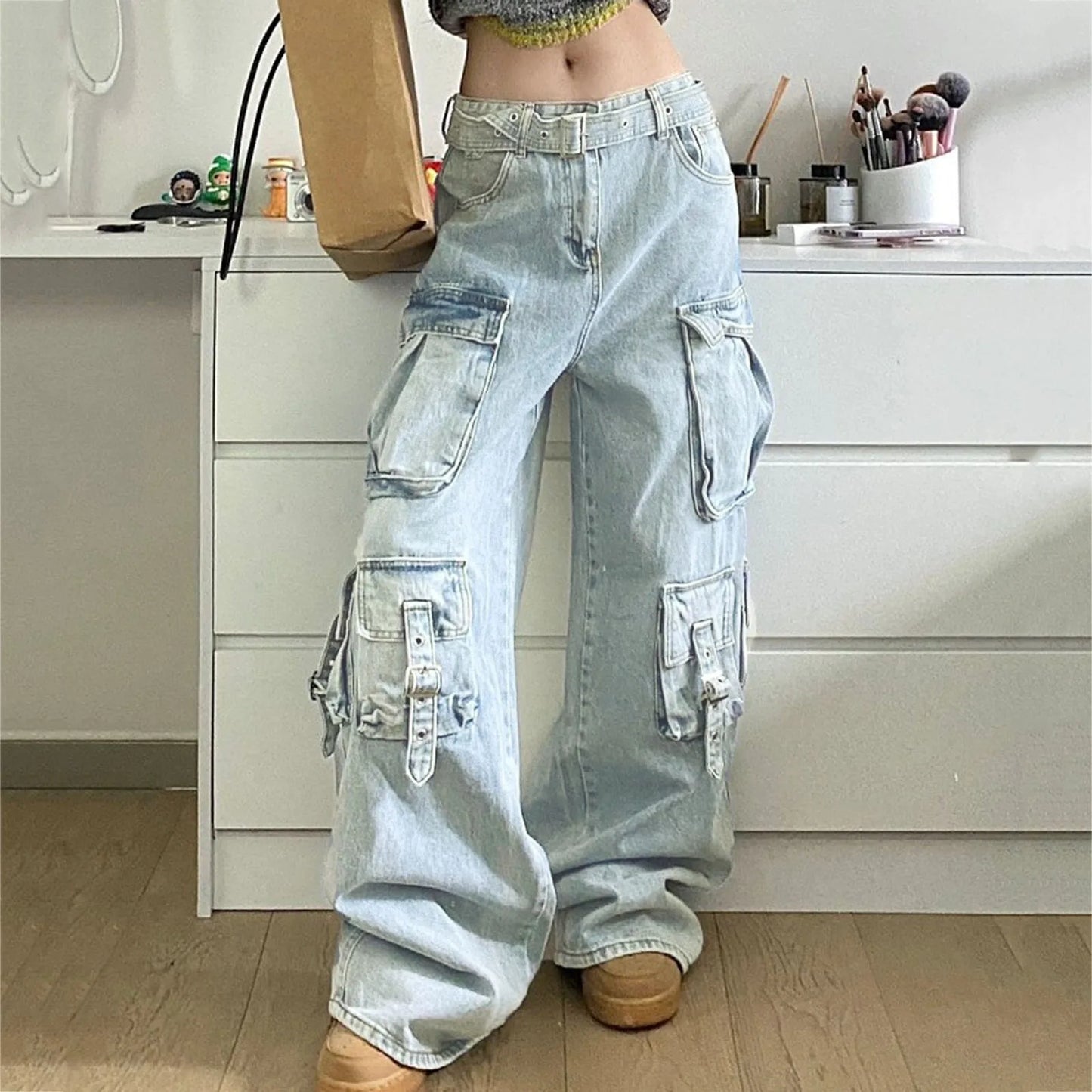 Retro American style Pocket Patchwork Jeans Pants Women Fashion Mid Waist Cargo Pants Baggy Light Blue Distressed Denim Trousers