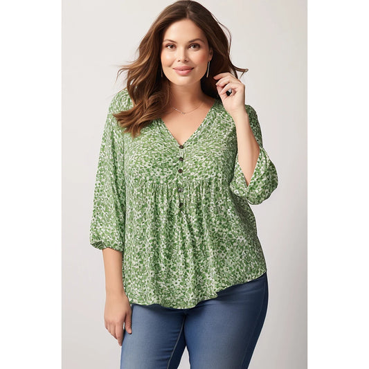 Floral Print Lantern Sleeve V Neck Blouse 3/4 Sleeve Summer