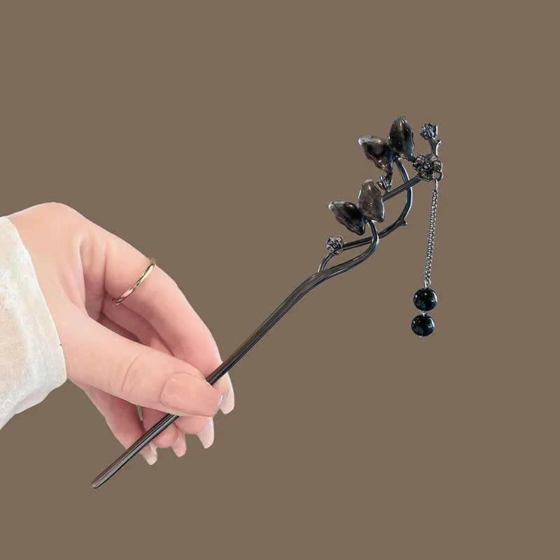 Modern Hair Stick Ink Flower Metal Tassel Hairpin Forks For Women  Beads Fringe Hair Clasp