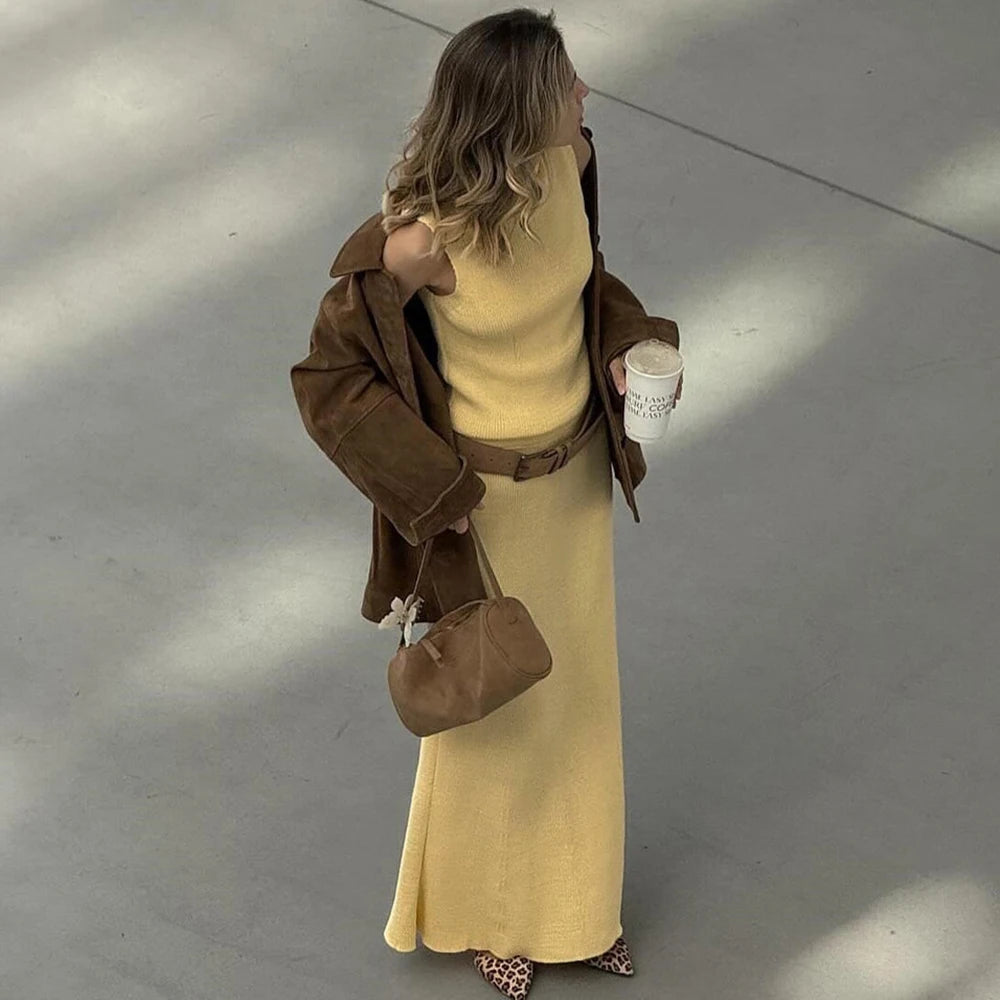 Elegant Long Skirt Two-piece Set Women's Sleeveless Knitted Turtleneck Vest and Skirt Set