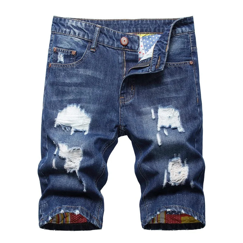 Hip Hop Ripped Fashion Denim Shorts Blue New Style Stretch Straight Personalized Retro Nostalgic Trendy Pants Jeans Shorts