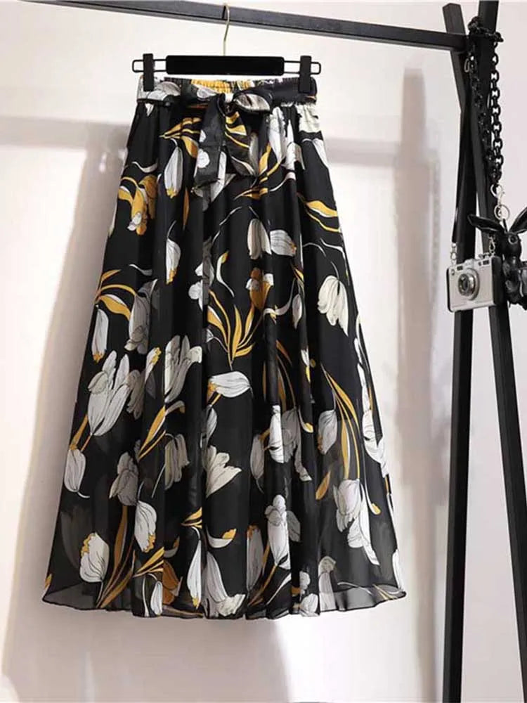 Chiffon Sun School High Waist Midi Skirt