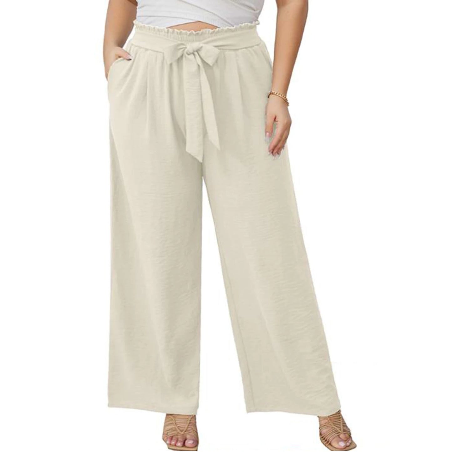 Women s Fashionable Wide Leg Trousers in Plus Size with Stylish Tie-Up Belt and Convenient Pockets for a Chic Look
