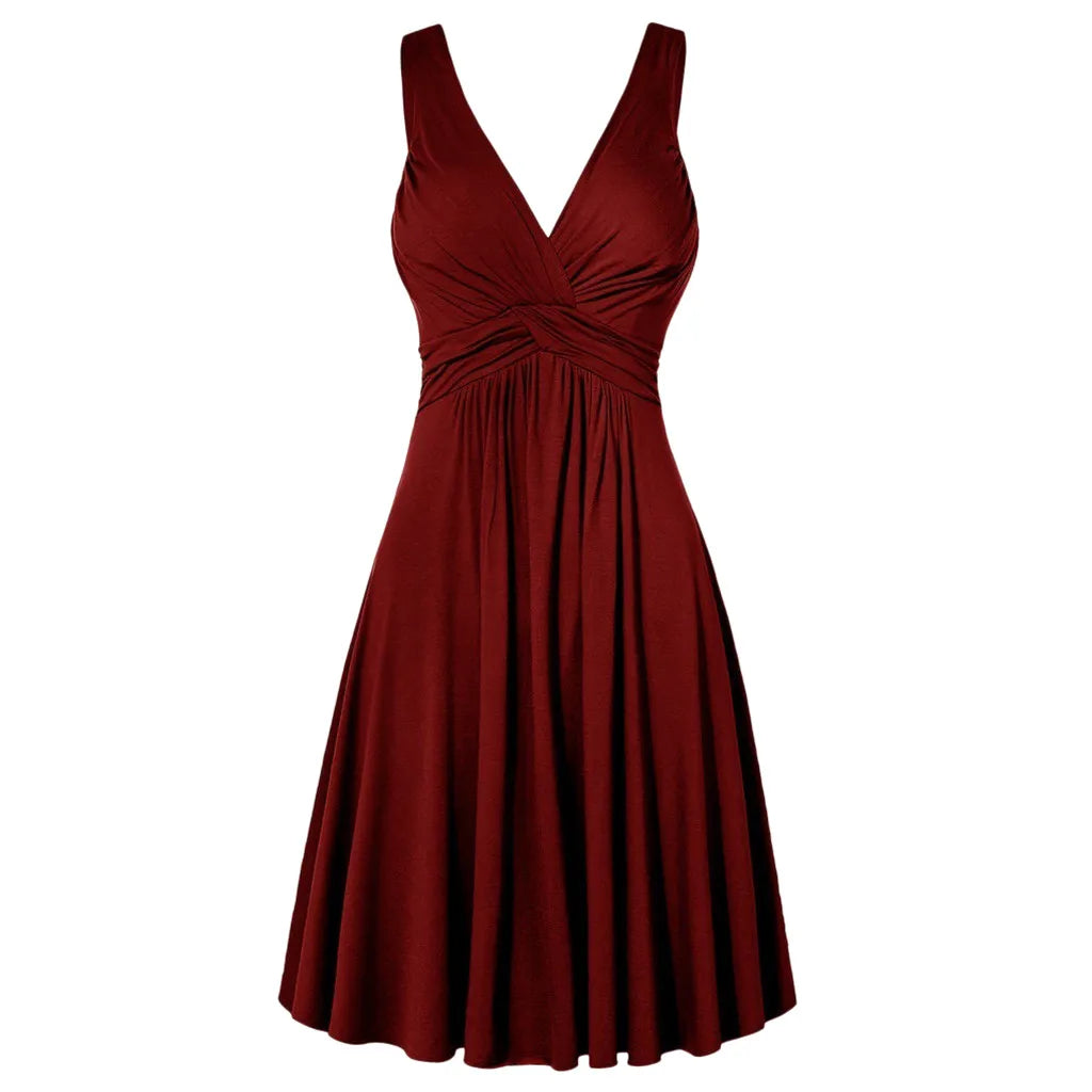 Women Solid Color Deep V-Neck Lady Retro Backless Sling Pleated Dress Wide Band Strap Flare Skirt