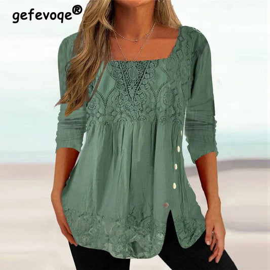 Vintage Elegant Blouse Square Collar Solid 3/4 Sleeve