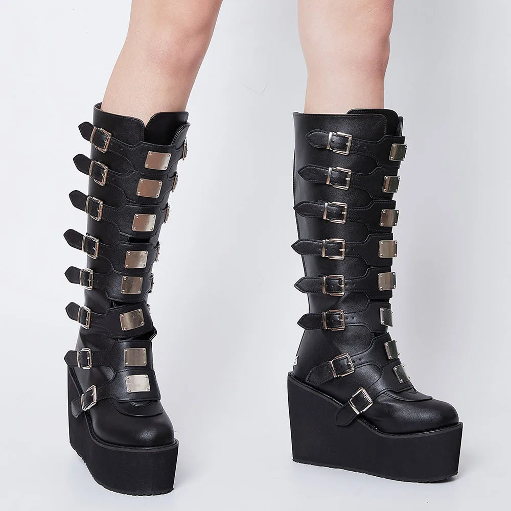 Punk Motorcycle Boots Platform High Wedges Heel Zipper Metal Buckle Mid-Calf Boots Goth