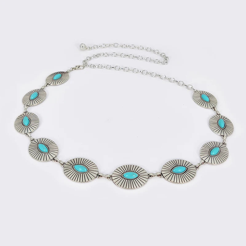 Fashion Silver Bohemian female circular waist chain luxury turquoise gemstone Ellipse chain belts for women