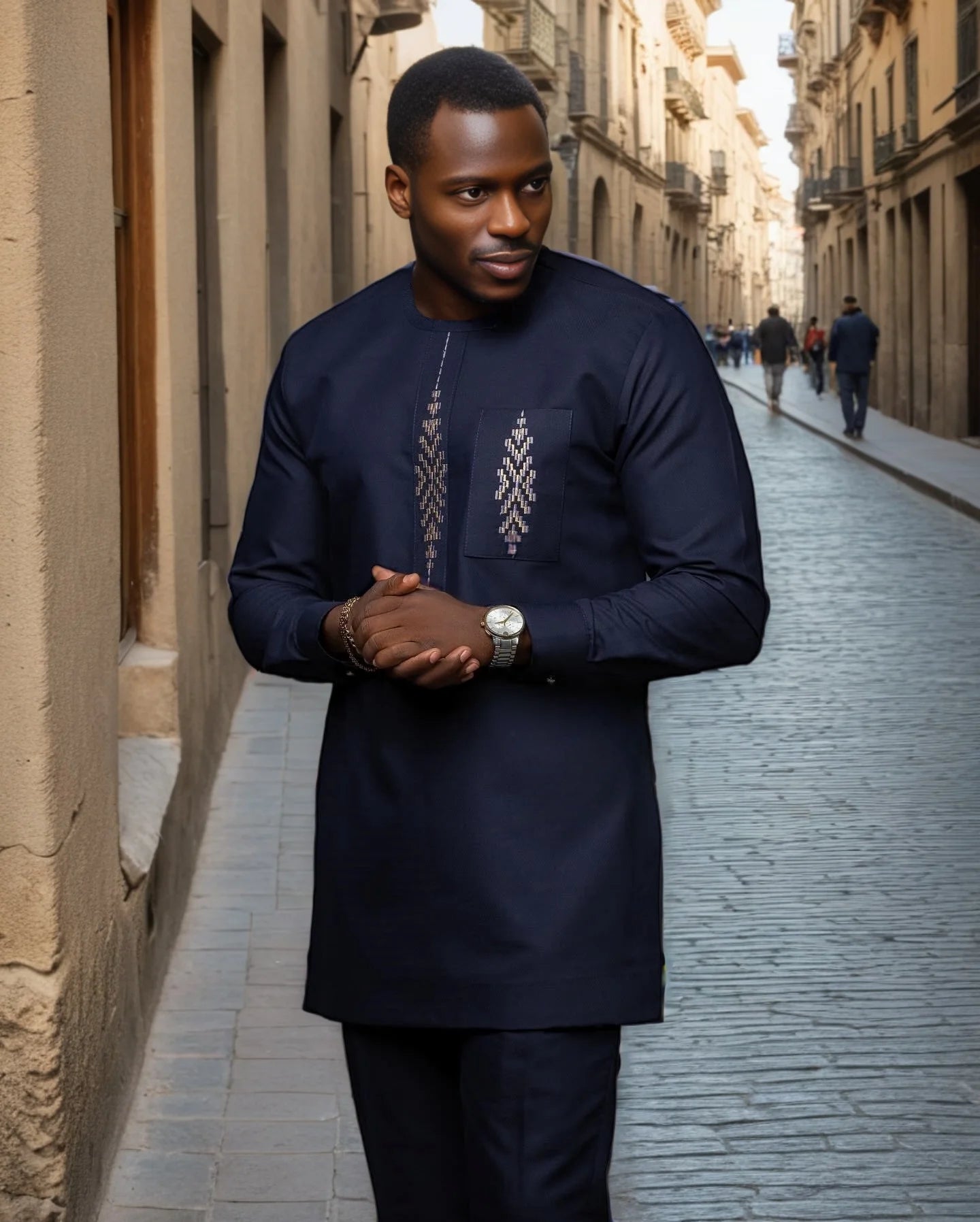 Men's  Wedding 2-Piece Suit Waist Pants Shirt Solid Color Panel Long Sleeve Party African Ethnic Style Clothing