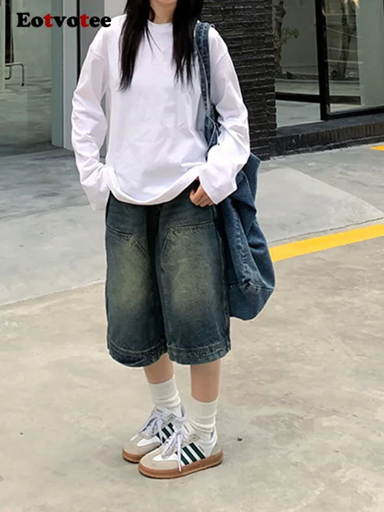 Fashion Vintage Jeans for Women Casual Blue Loose Button Fly Shorts  Straight Pants