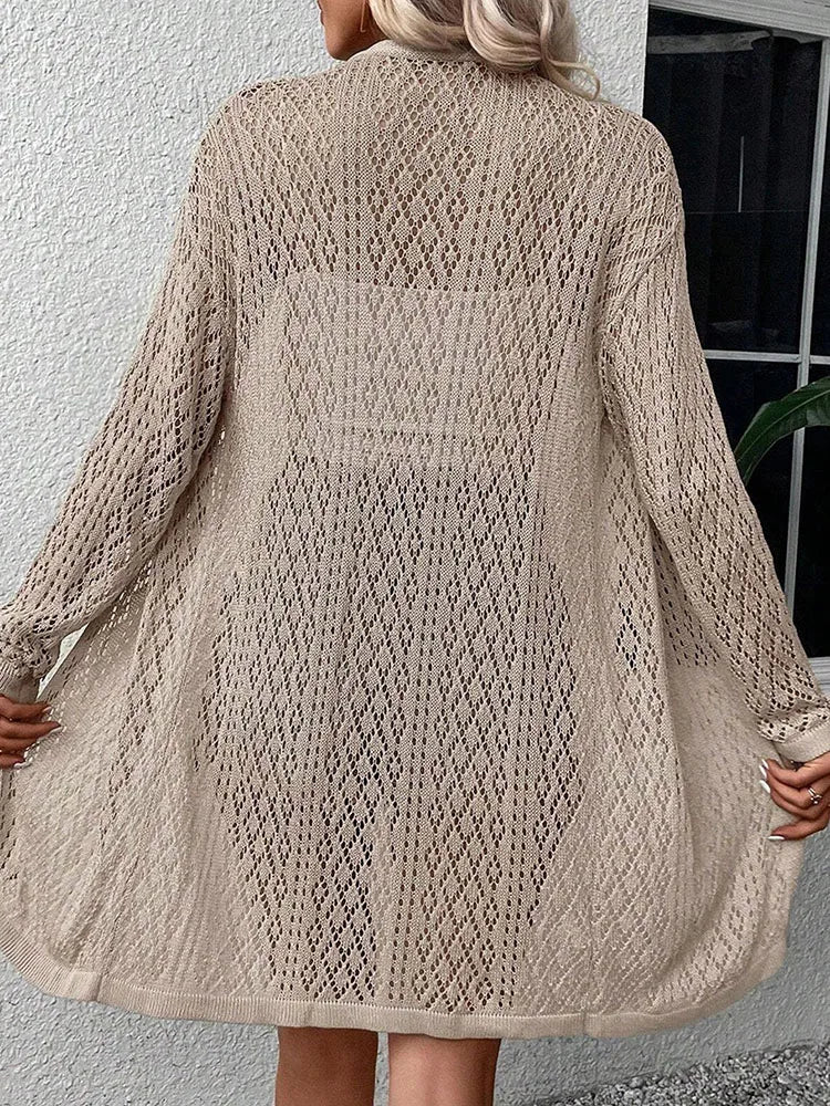 Fashionable and elegant hollow knitted sweater solid color V-neck perforated commuter women's top with open collar