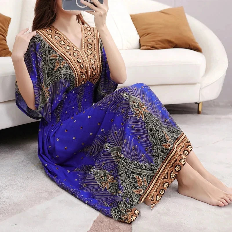 Colorful Flower V-neck Elastic Youthful Bohemian Sweet Midi Dress Woman Clothes Chic Fashion Summer Dresses