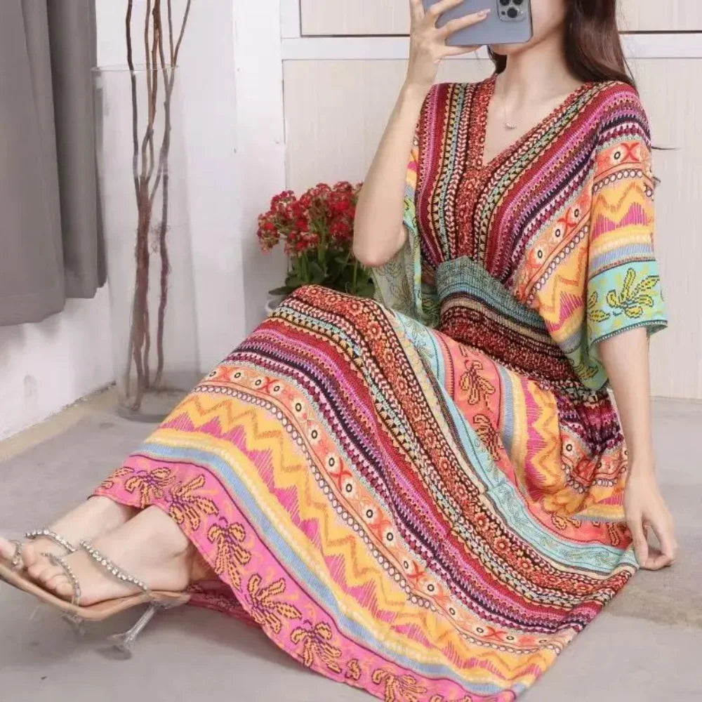 Colorful Flower V-neck Elastic Youthful Bohemian Sweet Midi Dress Woman Clothes Chic Fashion Summer Dresses