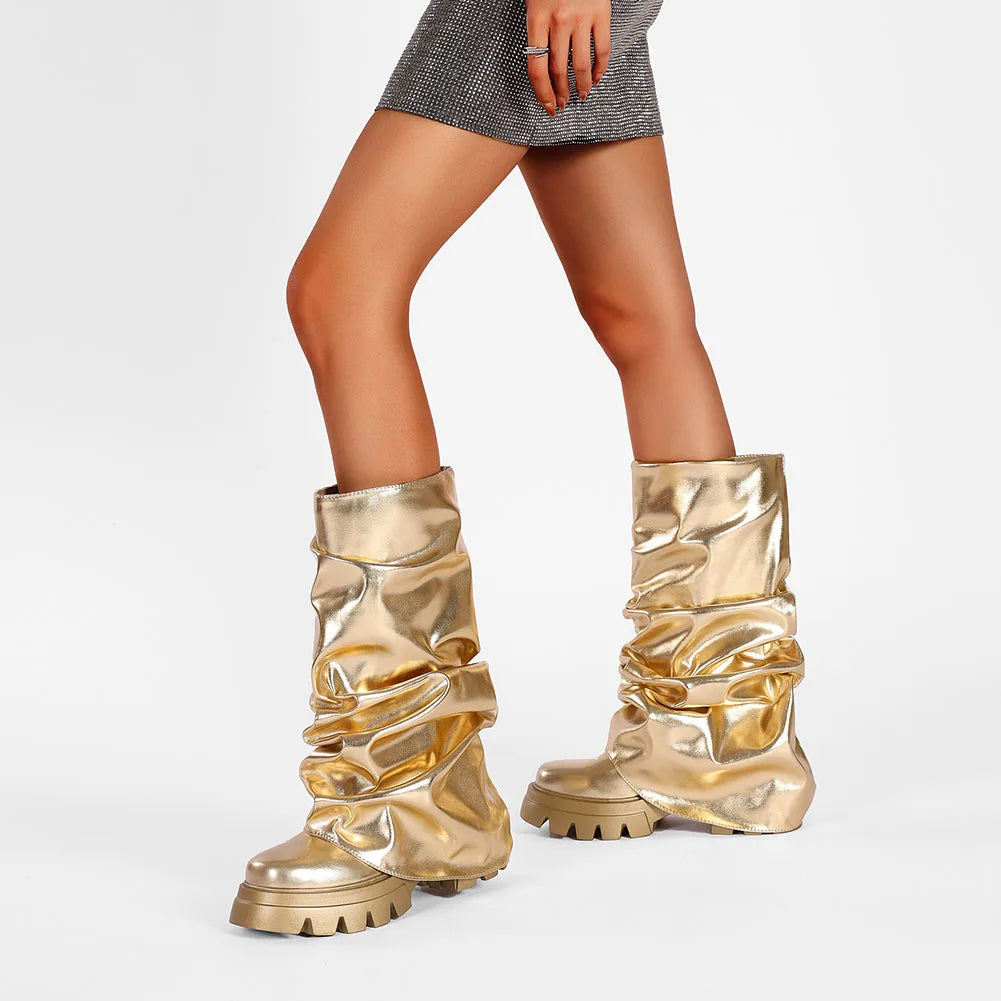 Fold Over Slouchy Shark Boots Fashion Pleated Chunky High Heels Round Toe Platform Pull On Knee High Boots