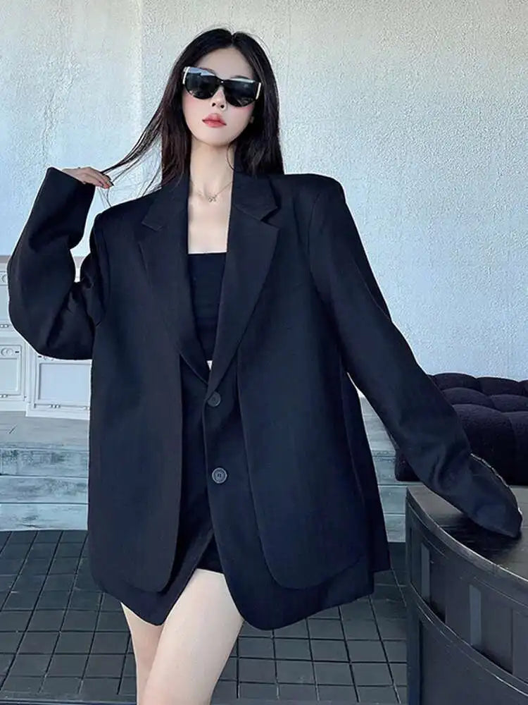 Women Gray Fake Two Pieces Big Size Blazer Lapel Long Sleeve Shoulder Pad Jacket Fashion