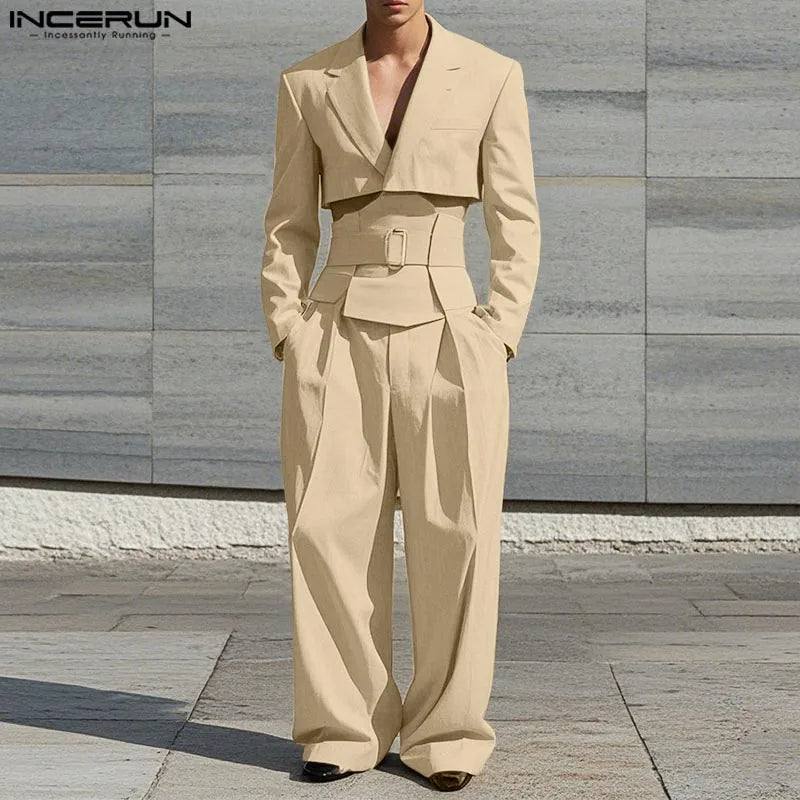 Fashion Casual Style Sets  Men's Cropped Waistband Design Suit Wide Leg Long Pant Handsome Male Solid Suit 2 Pieces
