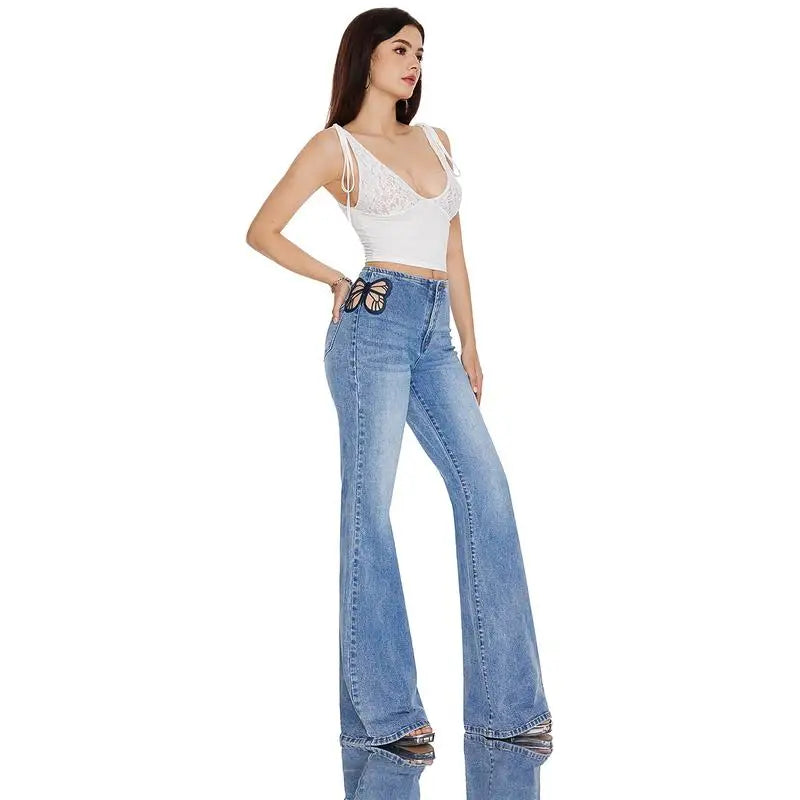 Women High Rise Stretch Flared Jeans With Butterfly Embroidery Stylish-Mid Wash