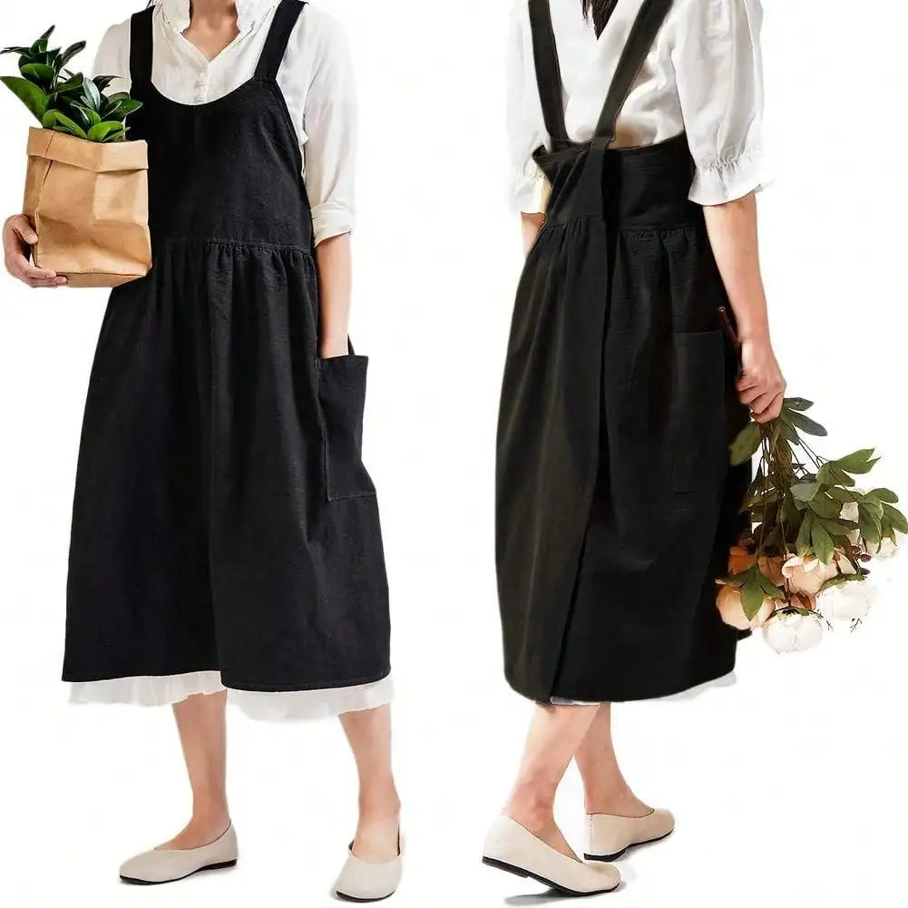 Japanese Linen Aprons for Women with Pockets Cross Back Cute Apron Dress for Gardening Painting Baking and Cooking