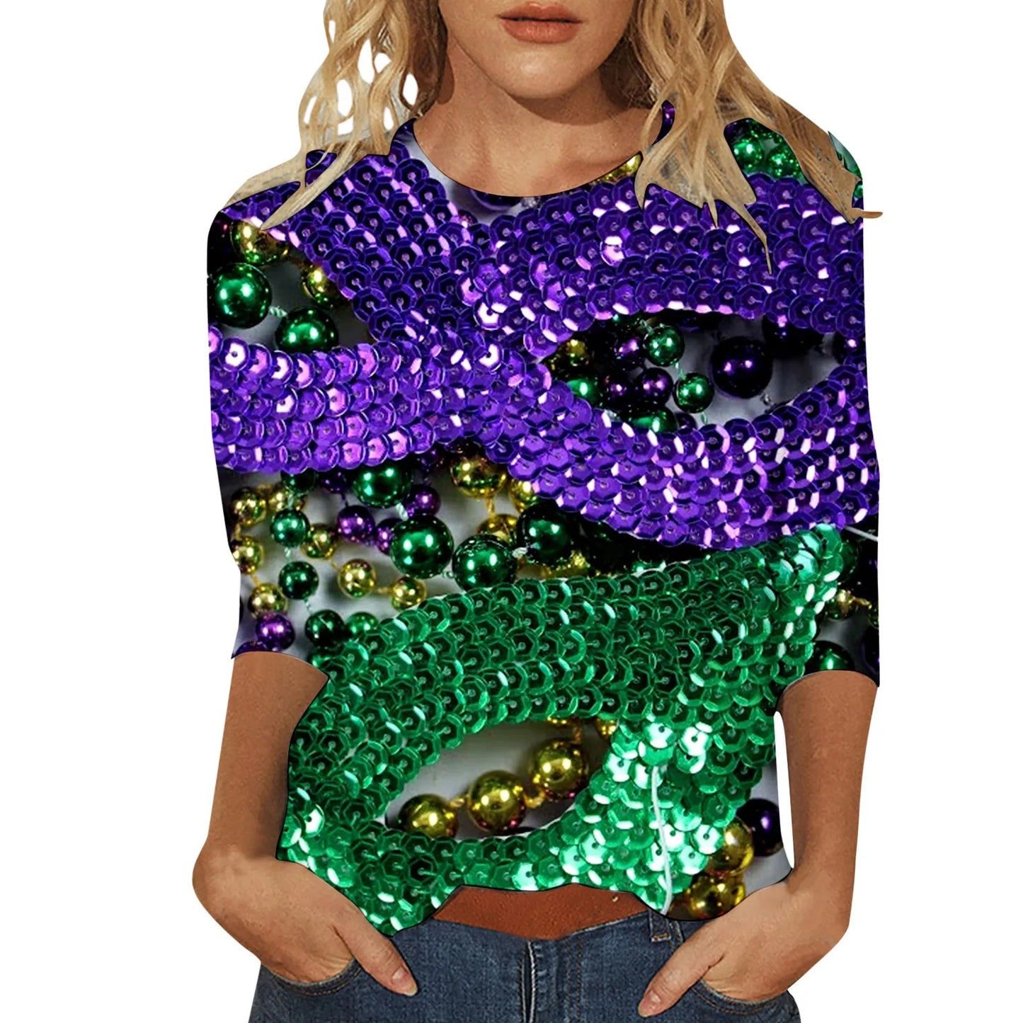 Carnival Printed Women Casual T-Shirts Spring Summer 3/4 Sleeve Round Neck Mardi Gras Clothing Plus Size Festival Party Tees Top