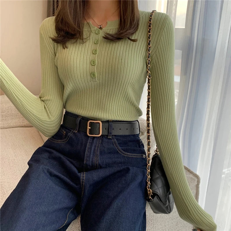 Knitted Women's Sweater Button O-neck Pullovers Basic Sweaters for Female Pullover Solid Bold Tops