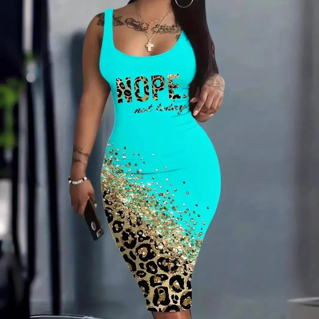 Contrast Heart Print U-Neck Sleeveless Casual Bodycon  Mini Dress