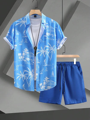 Hawaiian Coconut Tree Print Men's Shirt Summer Short Sleeve Tops Beach Shorts 2 Piece Sets Casual Vacation Style Outfit Clothing