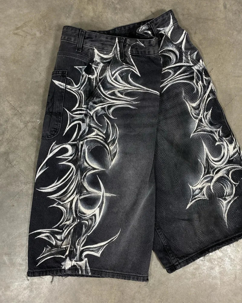 Street Hip-hop Classic Personalized Printed Straight Loose Fashion Jeans Retro  Casual All-match Shorts Women
