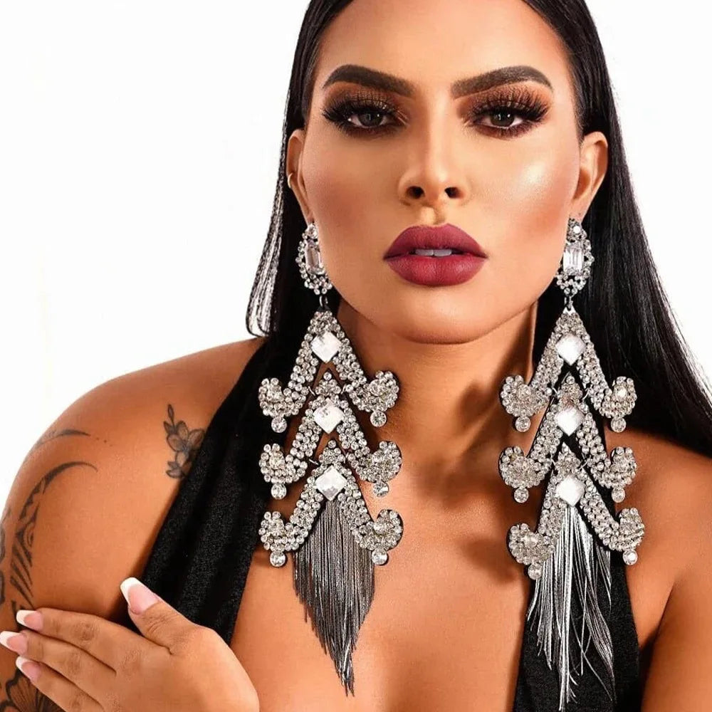 Yellow Exaggerated Tassel Earrings Metal Piercing Club Bling Ear Accessories