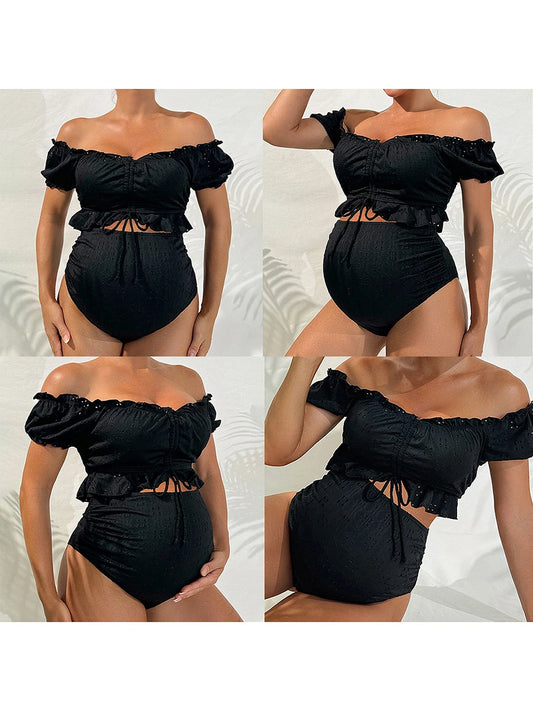 Tankini Swimsuit High Waisted 2 Pieces Bikini Set Pregnancy Bathing Suit Solid Color Off Shoulder Tops Shorts