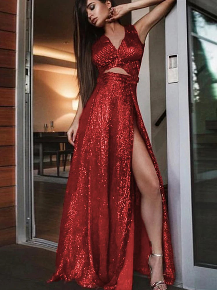 Cocktail Sequin Evening  Maxi Dress Hollow Out Bodycon